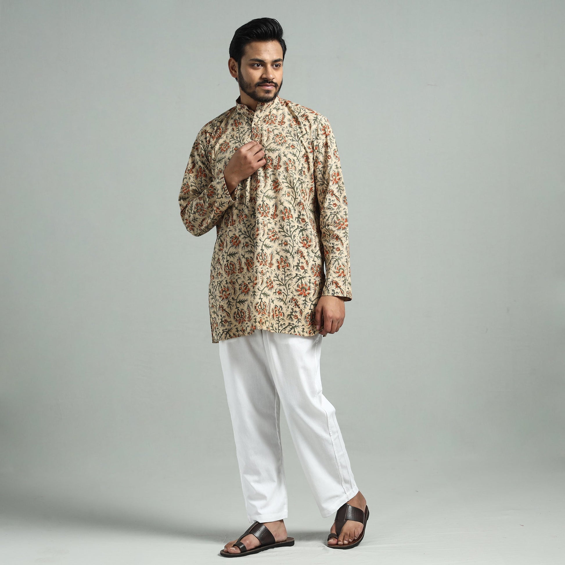 Beige - Kalamkari Block Printed Cotton Men Short Kurta