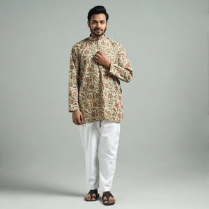 Beige - Kalamkari Block Printed Cotton Men Short Kurta