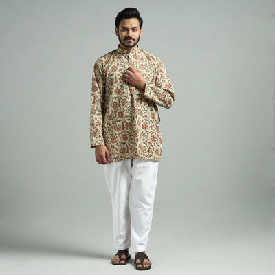 Beige - Kalamkari Block Printed Cotton Men Short Kurta