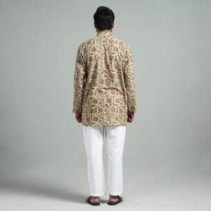 Beige - Kalamkari Block Printed Cotton Men Short Kurta