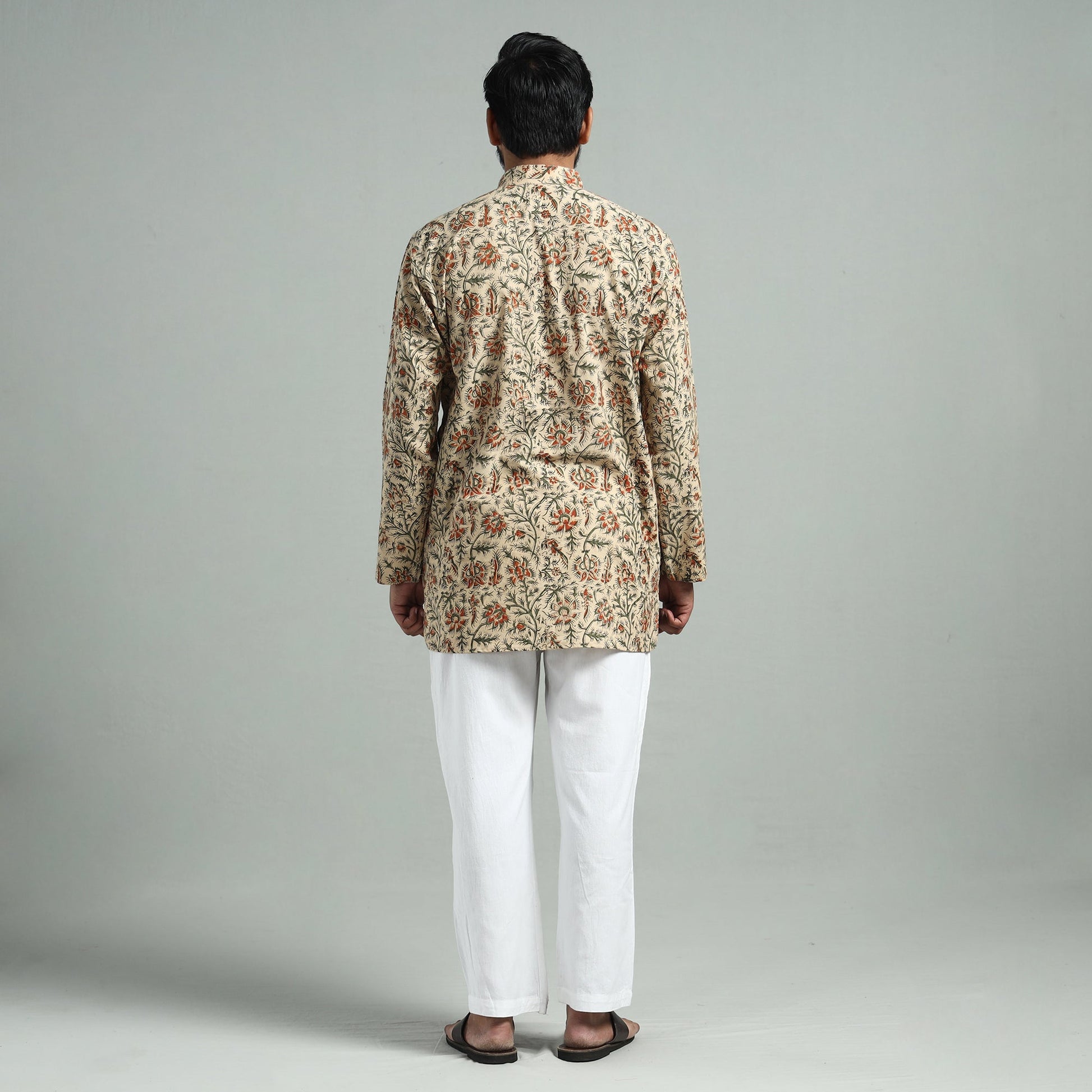 Beige - Kalamkari Block Printed Cotton Men Short Kurta