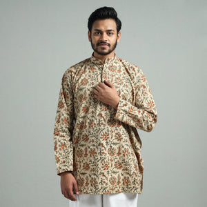 Beige - Kalamkari Block Printed Cotton Men Short Kurta