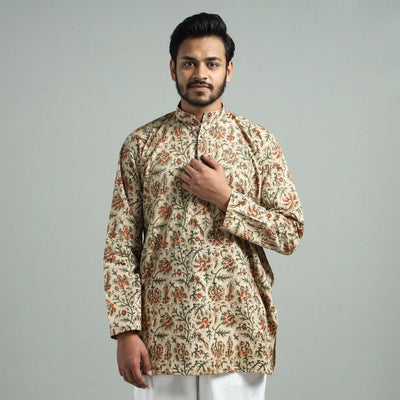 Beige - Kalamkari Block Printed Cotton Men Short Kurta