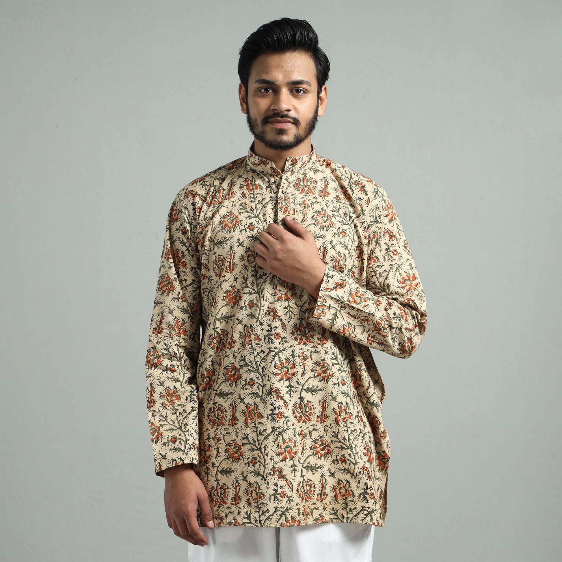 Beige - Kalamkari Block Printed Cotton Men Short Kurta