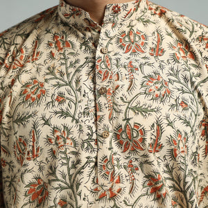 Beige - Kalamkari Block Printed Cotton Men Short Kurta