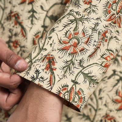 Beige - Kalamkari Block Printed Cotton Men Short Kurta