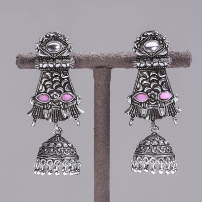 Antique Silver Finish Oxidised Brass Base Stone Work Jhumki Earrings