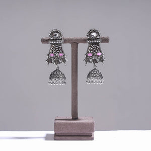 Antique Silver Finish Oxidised Brass Base Stone Work Jhumki Earrings