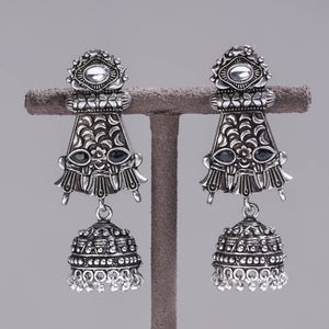 Antique Silver Finish Oxidised Brass Base Stone Work Jhumki Earrings