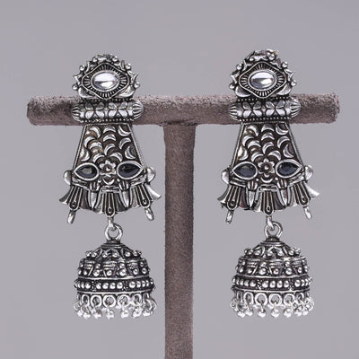 Antique Silver Finish Oxidised Brass Base Stone Work Jhumki Earrings