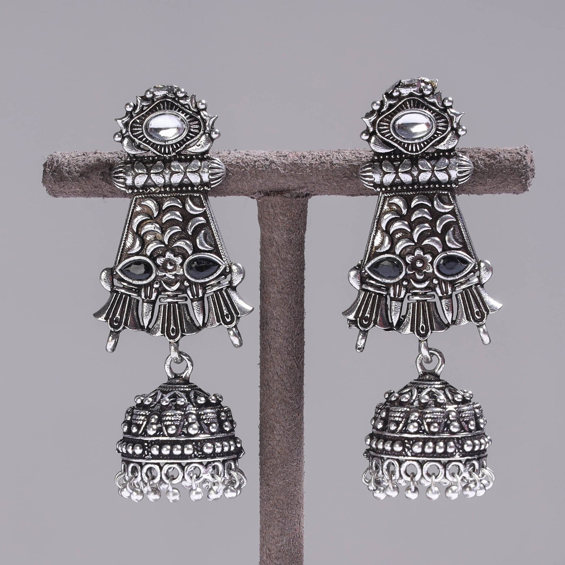 Antique Silver Finish Oxidised Brass Base Stone Work Jhumki Earrings