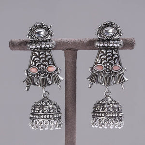Antique Silver Finish Oxidised Brass Base Stone Work Jhumki Earrings