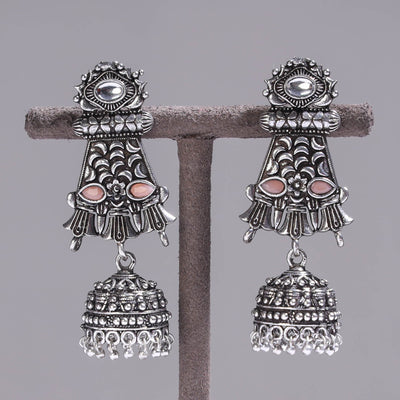 Antique Silver Finish Oxidised Brass Base Stone Work Jhumki Earrings