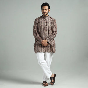 Brown - Kalamkari Block Printed Cotton Men Short Kurta