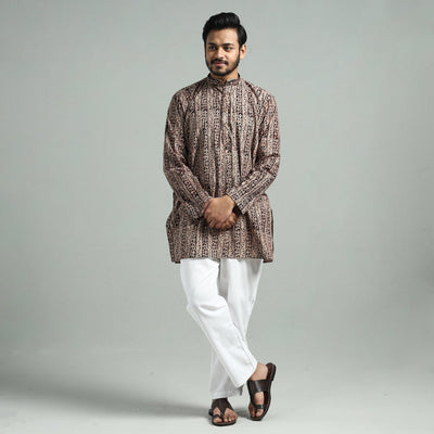 Brown - Kalamkari Block Printed Cotton Men Short Kurta