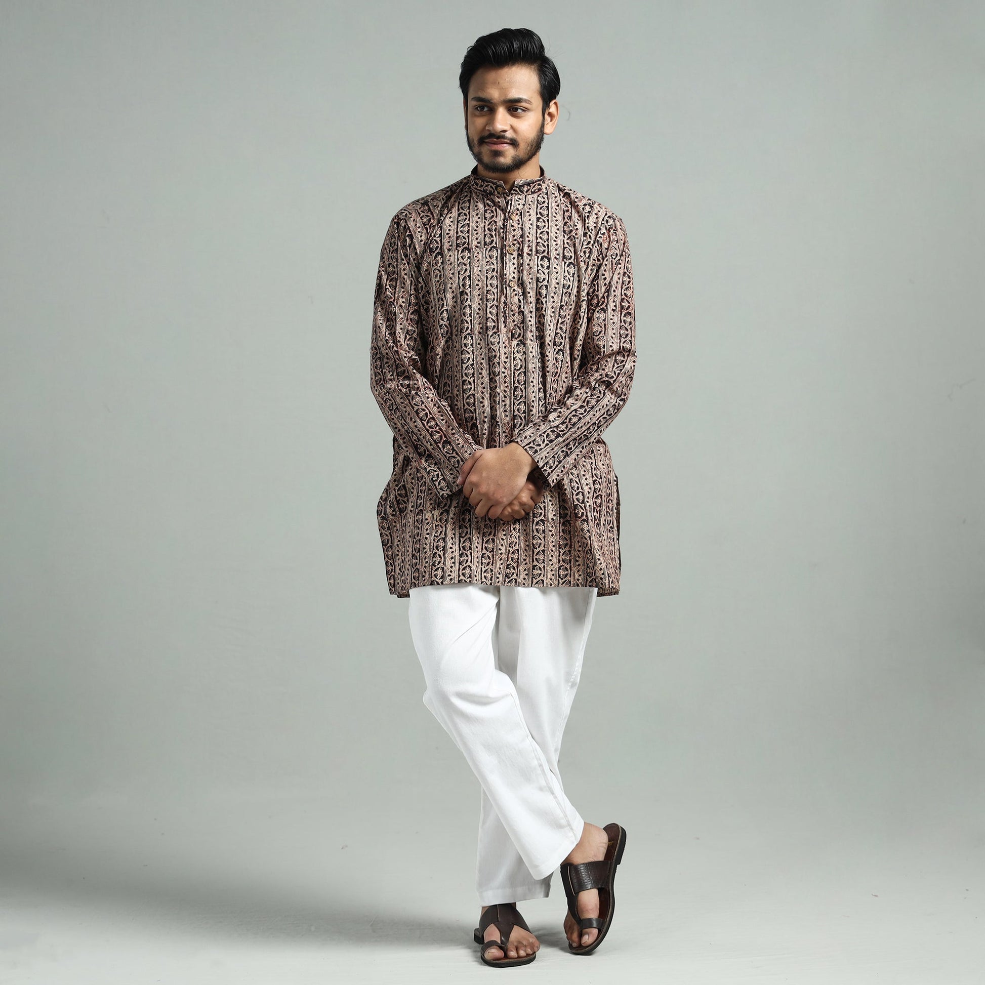 Brown - Kalamkari Block Printed Cotton Men Short Kurta