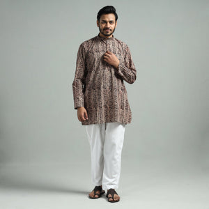 Brown - Kalamkari Block Printed Cotton Men Short Kurta
