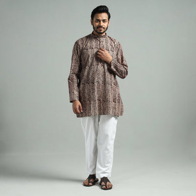 Brown - Kalamkari Block Printed Cotton Men Short Kurta