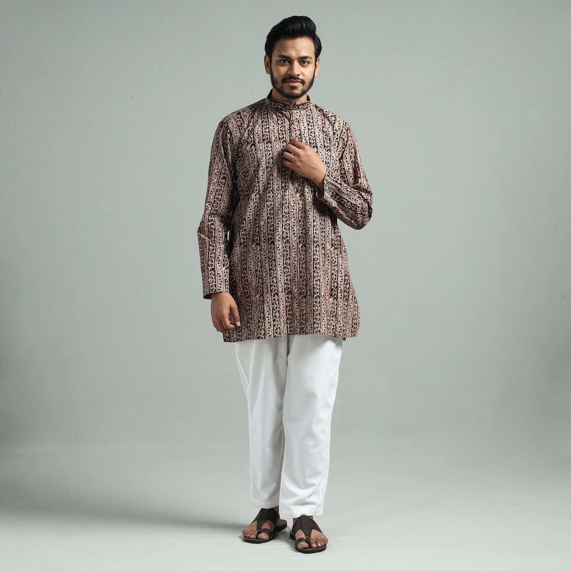 Brown - Kalamkari Block Printed Cotton Men Short Kurta