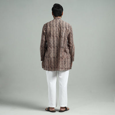 Brown - Kalamkari Block Printed Cotton Men Short Kurta