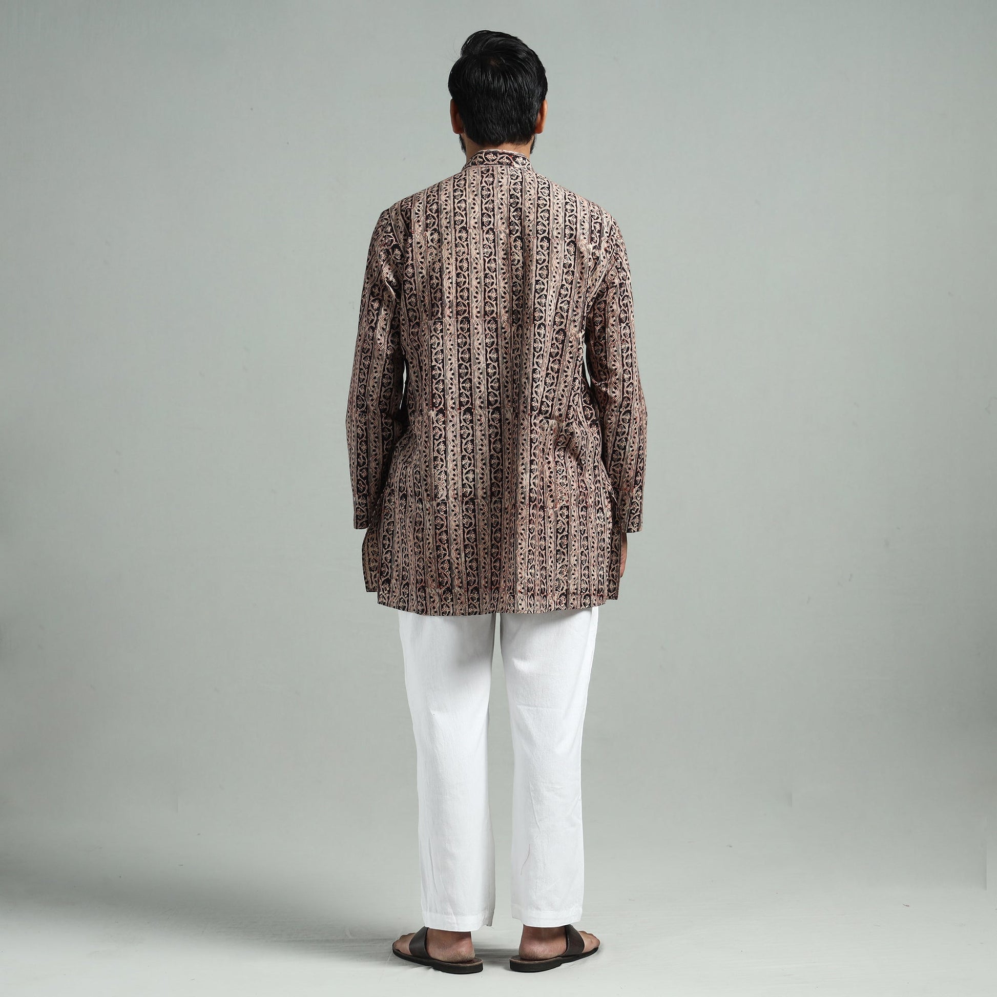Brown - Kalamkari Block Printed Cotton Men Short Kurta
