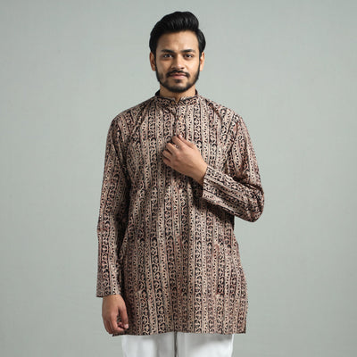 Brown - Kalamkari Block Printed Cotton Men Short Kurta
