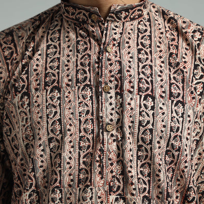Brown - Kalamkari Block Printed Cotton Men Short Kurta