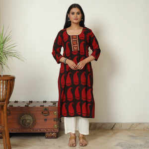 Black - Block Print Cotton Patchwork Straight Bagh Kurta 13