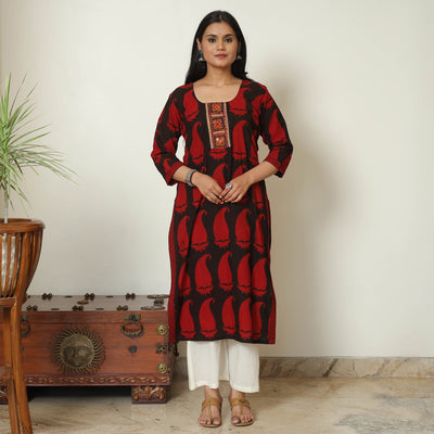 Black - Block Print Cotton Patchwork Straight Bagh Kurta 13