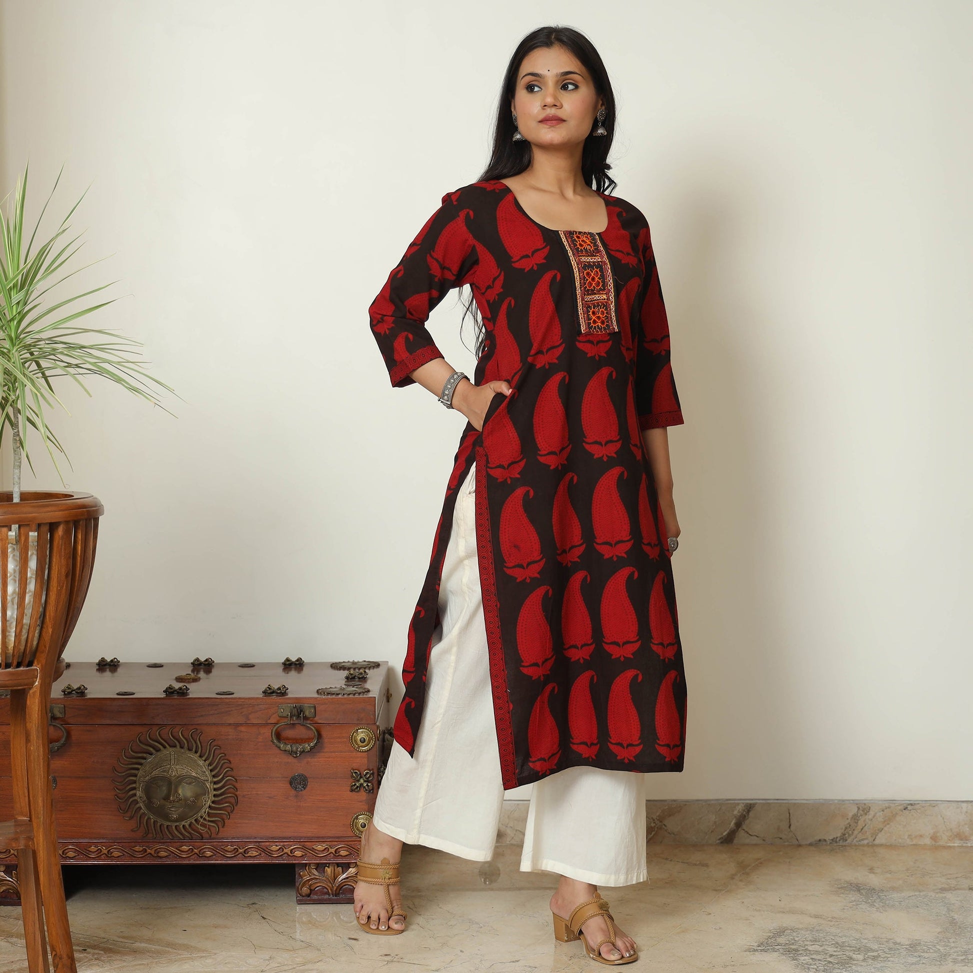 Black - Block Print Cotton Patchwork Straight Bagh Kurta 13