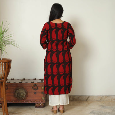 Black - Block Print Cotton Patchwork Straight Bagh Kurta 13