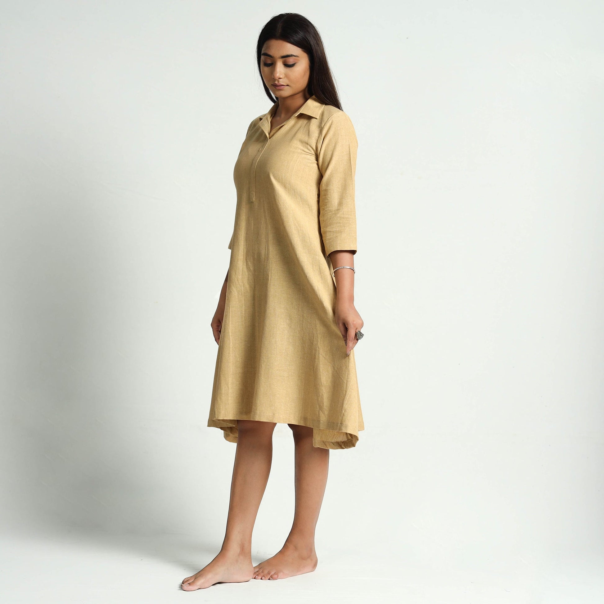 Beige Plain Handloom Cotton Dress