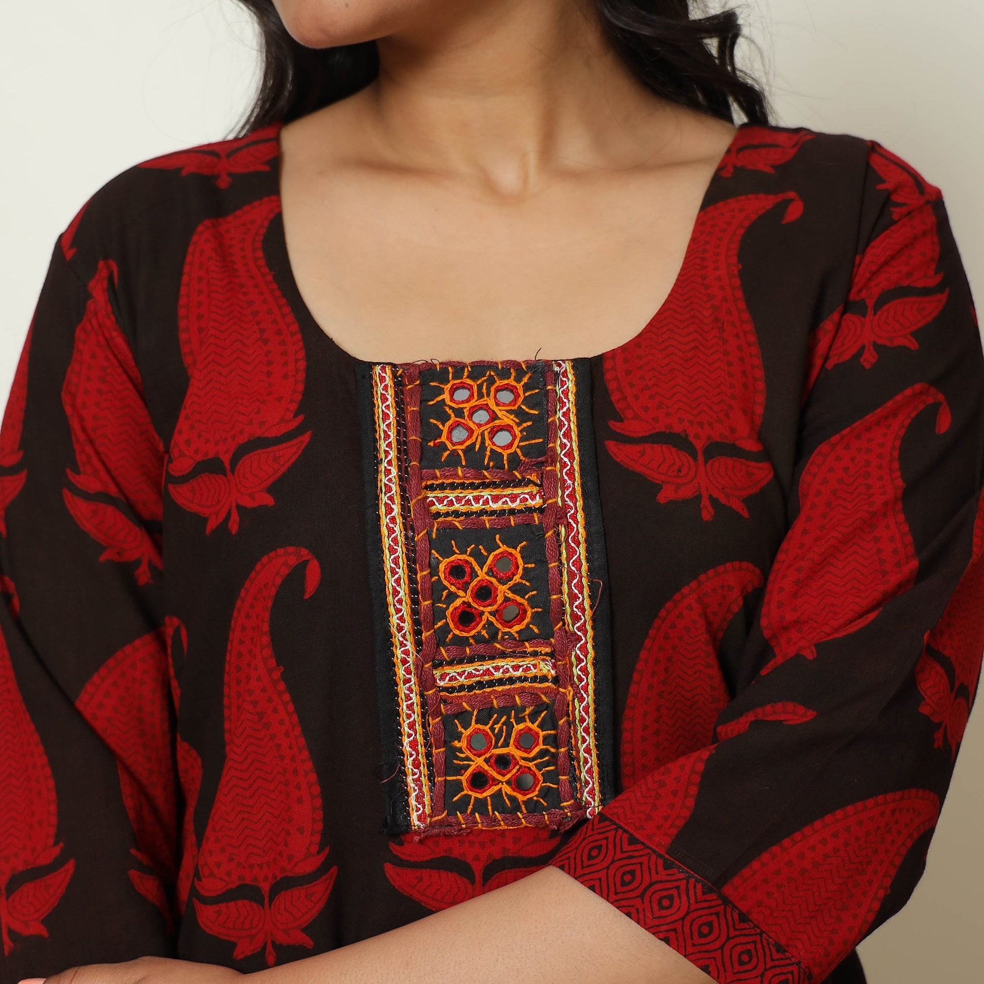 Black - Block Print Cotton Patchwork Straight Bagh Kurta 13