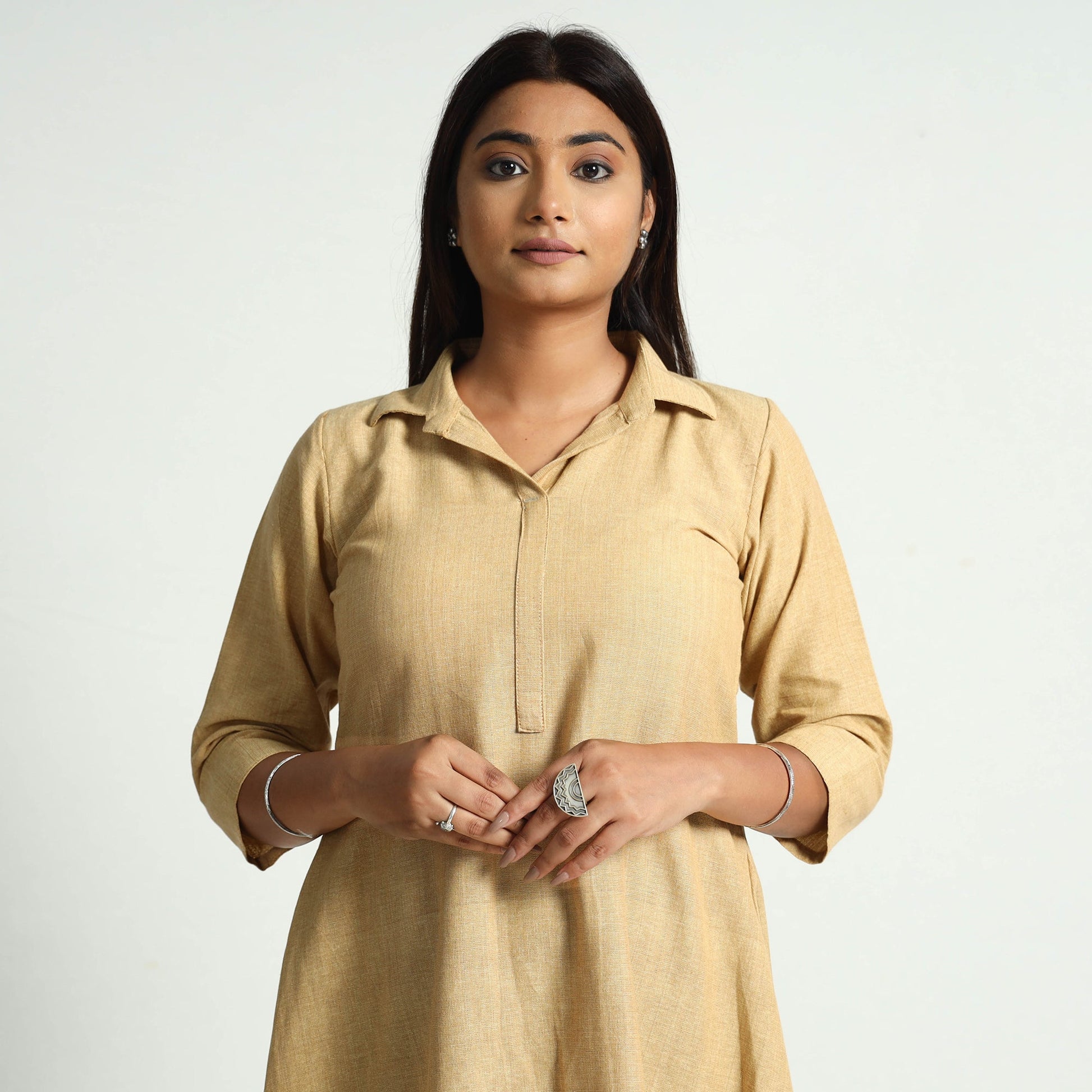 Beige Plain Handloom Cotton Dress