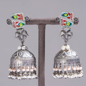 Antique Silver Finish Oxidised Brass Base Enamel Work Earrings
