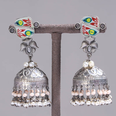 Antique Silver Finish Oxidised Brass Base Enamel Work Earrings