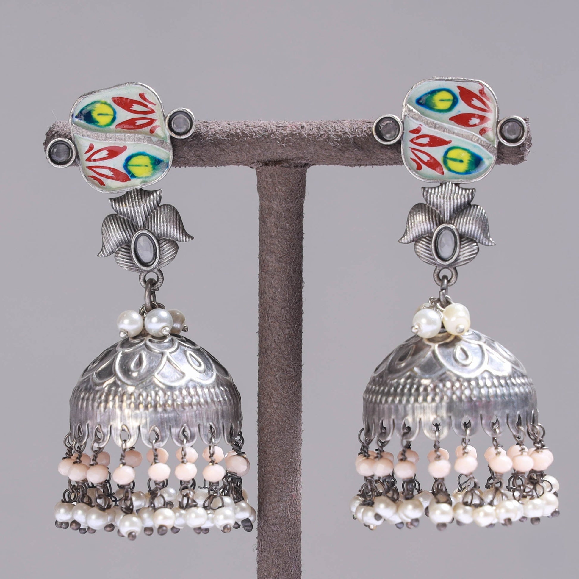 Antique Silver Finish Oxidised Brass Base Enamel Work Earrings