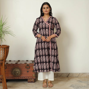 Black - Block Print Cotton A-Line Bagh Kurta 05