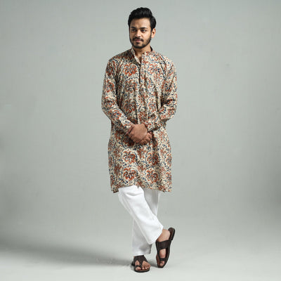 Beige - Kalamkari Block Printed Cotton Men Long Kurta