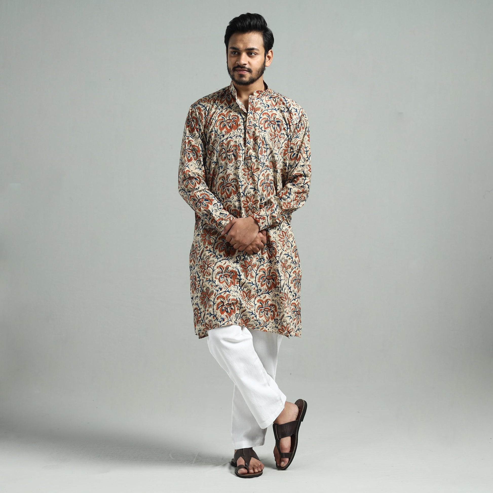 Beige - Kalamkari Block Printed Cotton Men Long Kurta