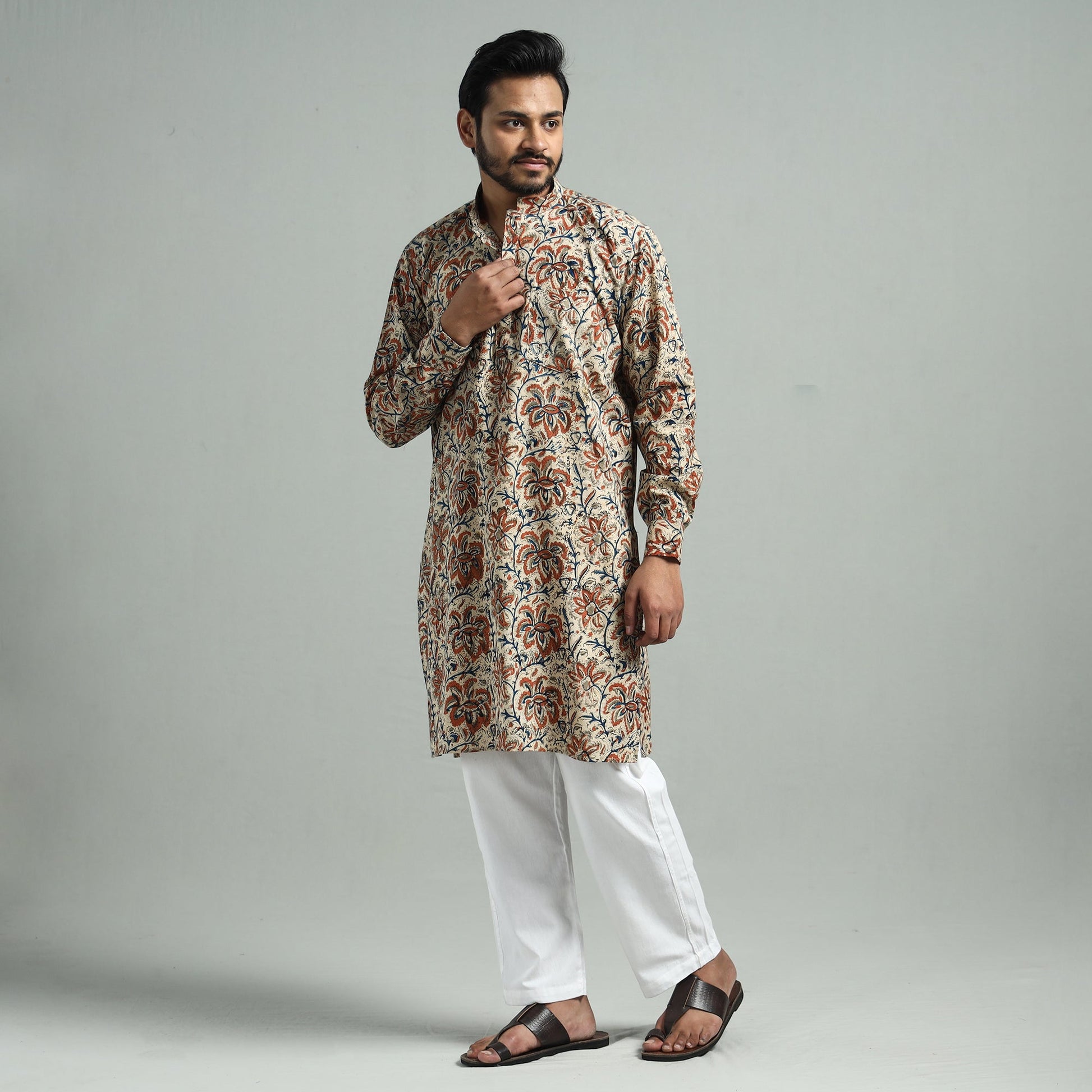 Beige - Kalamkari Block Printed Cotton Men Long Kurta