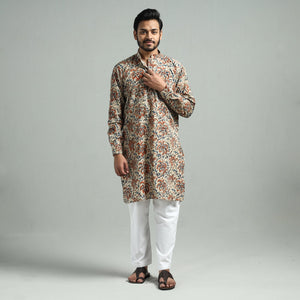 Beige - Kalamkari Block Printed Cotton Men Long Kurta