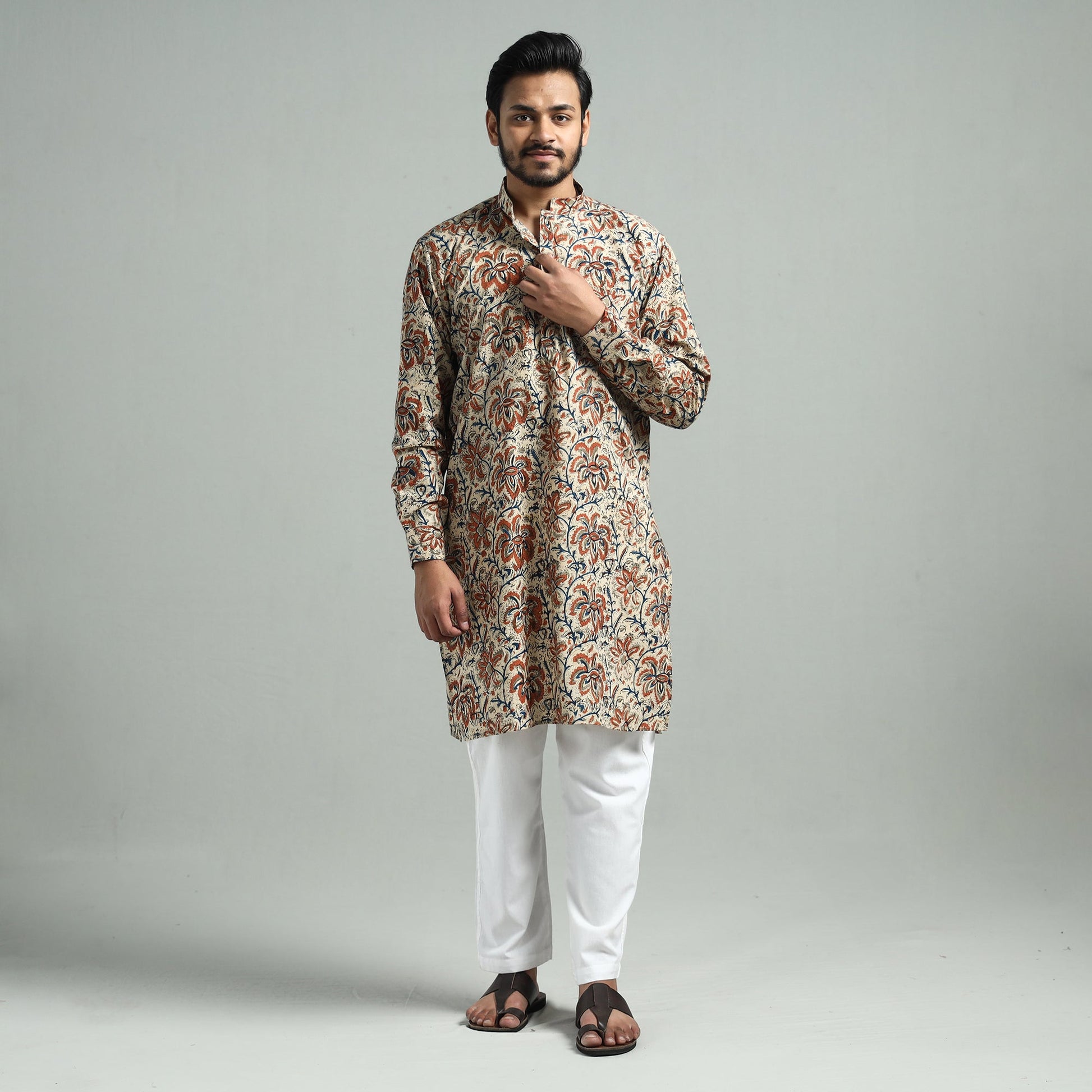 Beige - Kalamkari Block Printed Cotton Men Long Kurta
