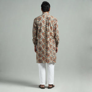 Beige - Kalamkari Block Printed Cotton Men Long Kurta