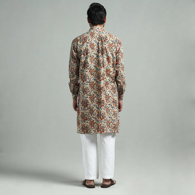 Beige - Kalamkari Block Printed Cotton Men Long Kurta