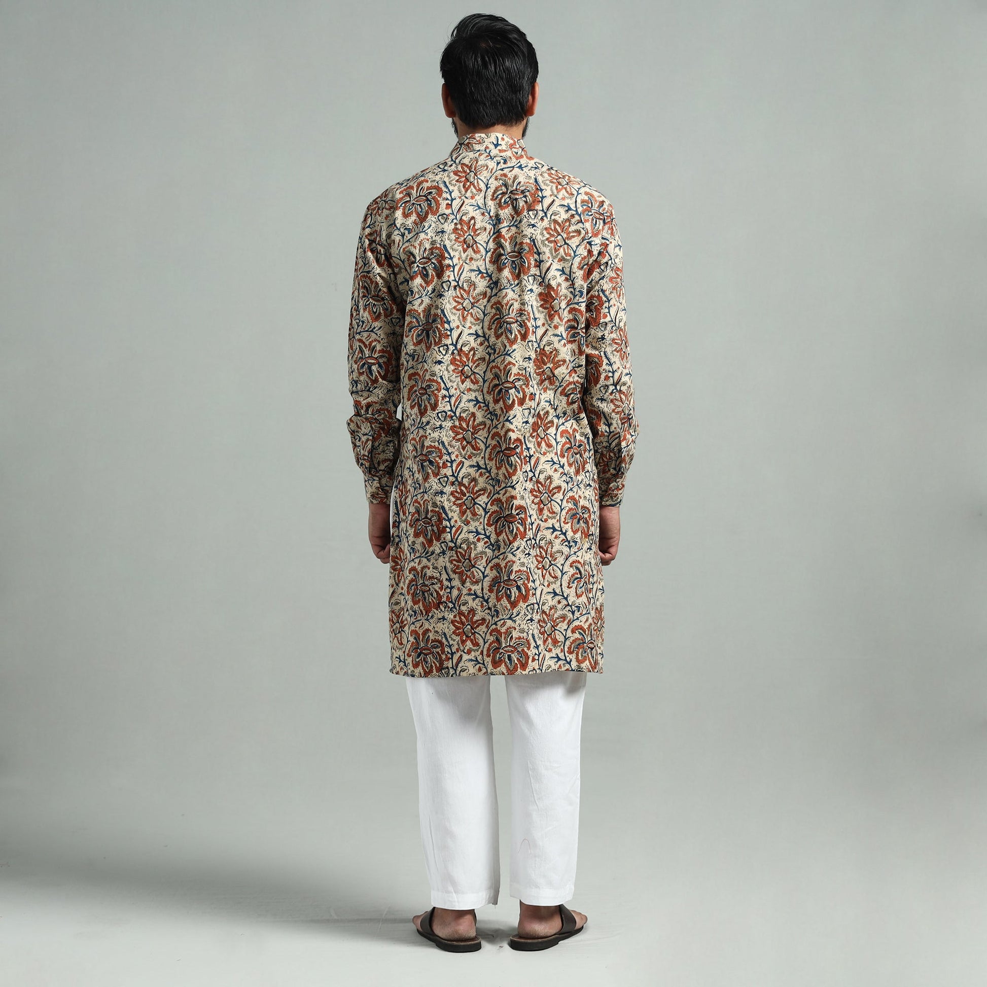 Beige - Kalamkari Block Printed Cotton Men Long Kurta