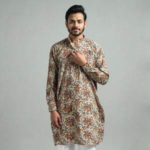 Beige - Kalamkari Block Printed Cotton Men Long Kurta