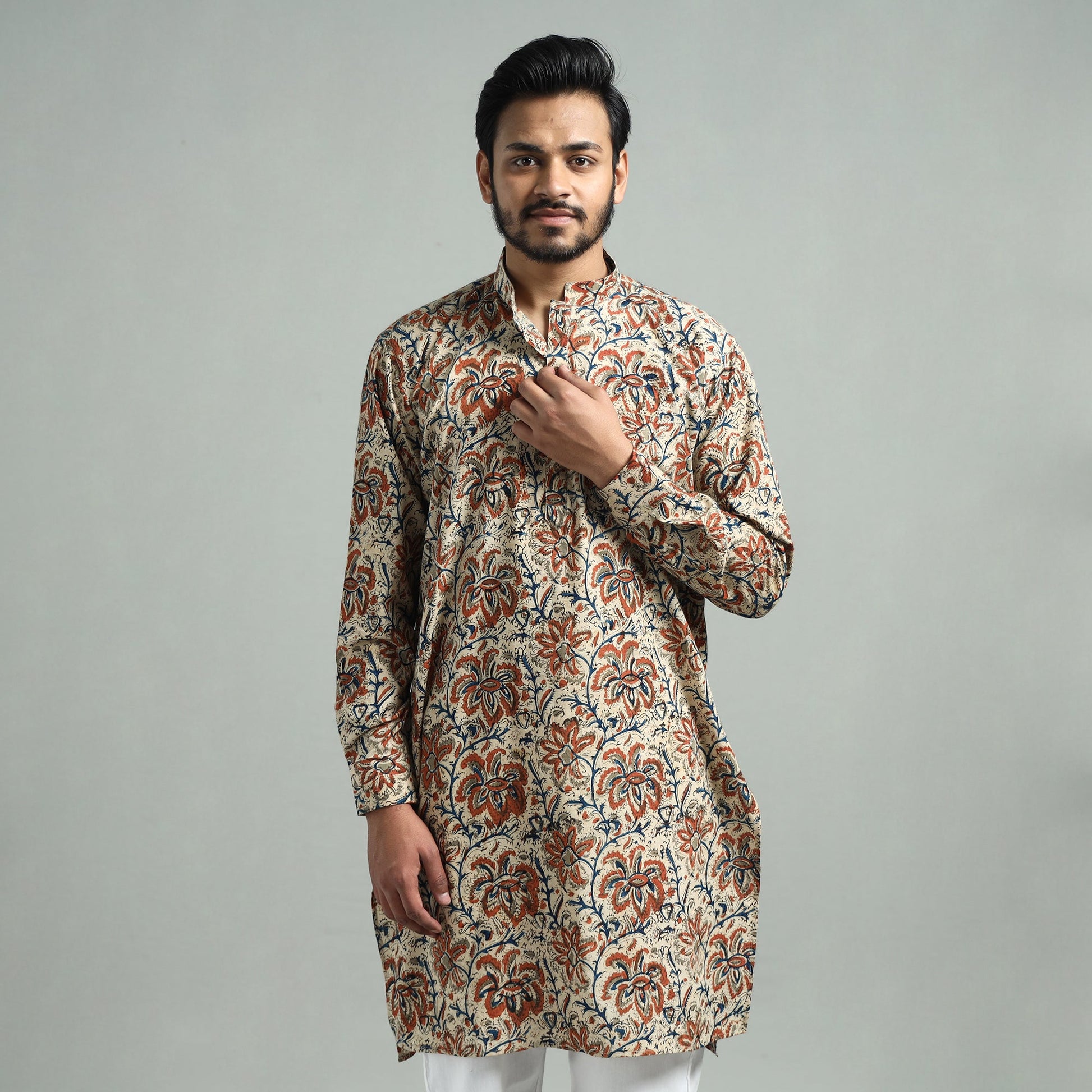 Beige - Kalamkari Block Printed Cotton Men Long Kurta