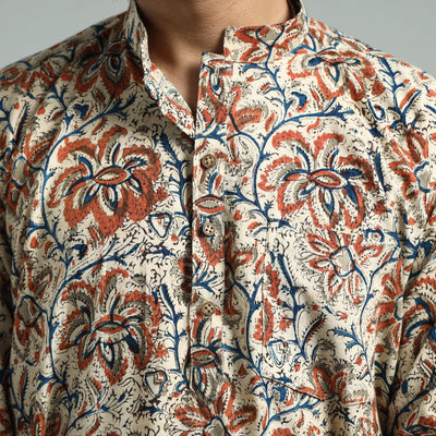 Beige - Kalamkari Block Printed Cotton Men Long Kurta