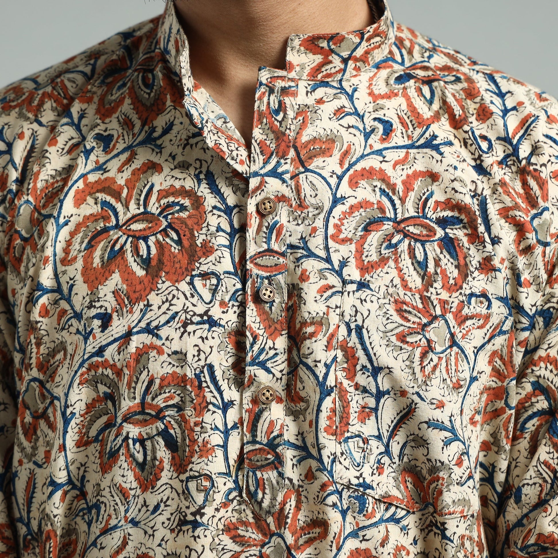 Beige - Kalamkari Block Printed Cotton Men Long Kurta